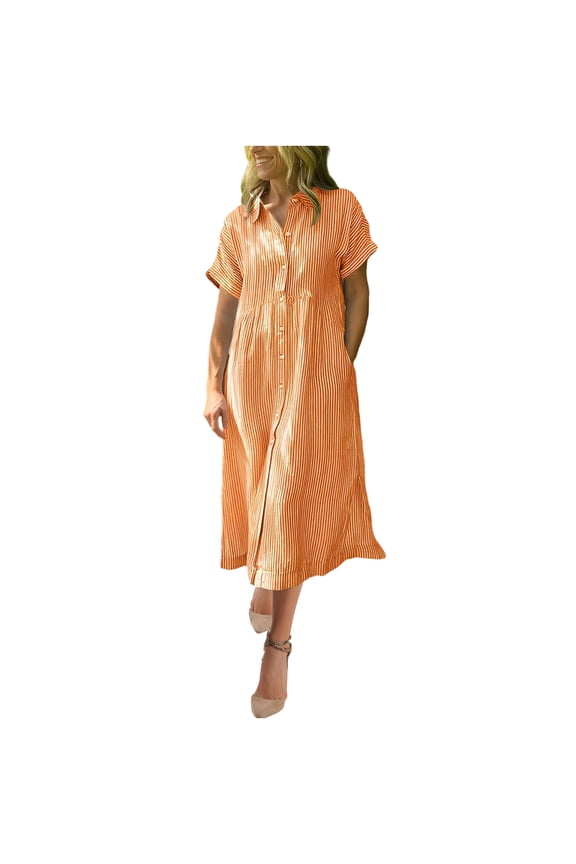 Women Striped Button Down Shirt Dress Short Sleeve Collared Casual Midi Dress with Pockets Loose Flowy Swing Dress,Orange Dress XXXL