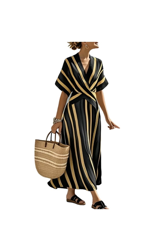 Women Striped Short Sleeve V Neck Maxi Dress Retro Patchwork A-Line Casual Wrap Waist Dresses Beach Going Out Dresses Yellow Dress,XXL