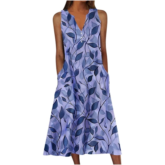 UPPADA Women Summer Casual Dress Floral Print Boho Beach Dress V Neck Sleeveless Maxi Swing Tank Sundress with Pockets A Line Pleated Tshirt Dress Dress Under 10 Dollars for Women Multicolor,XL