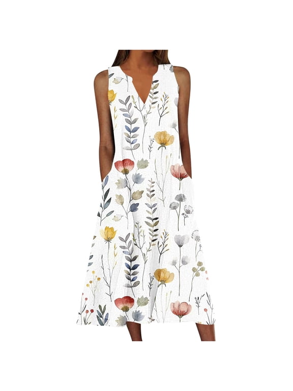 Women Summer Casual Dress Floral Print Boho Beach Dress V Neck Sleeveless Maxi Swing Tank Sundress with Pockets A Line Pleated Tshirt Dress Dress Under 20 Multicolor,XXXXL