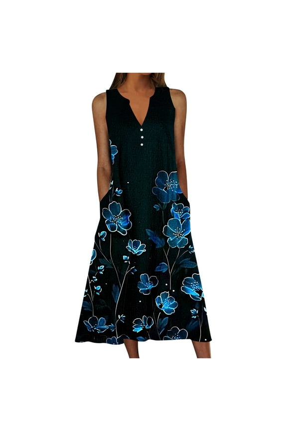 Women Summer Casual Dress Floral Print Boho Beach Dress V Neck Sleeveless Maxi Swing Tank Sundress with Pockets A Line Pleated Tshirt Dress Promo Codes Multicolor,S