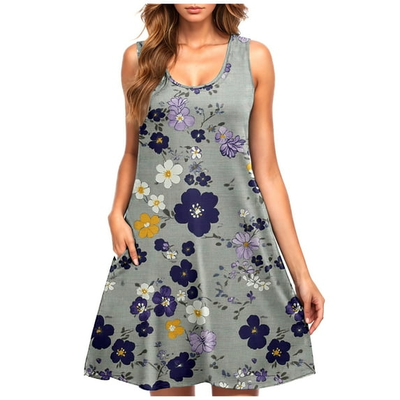 UPPADA Women Summer Casual Sleeveless Midi Dress Floral Print Pleated Tank Dresses Crewneck Loose Fit Boho Sundress Flare Tank Dress with Pockets Clothes Under $5.00 Multicolor,S