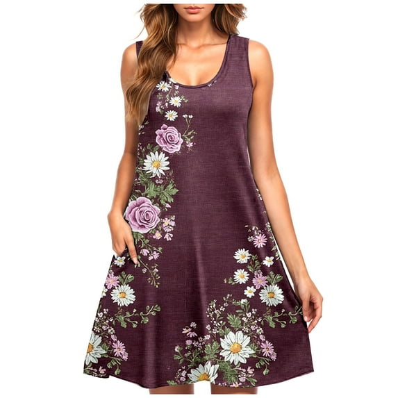 UPPADA Women Summer Casual Sleeveless Midi Dress Floral Print Pleated Tank Dresses Crewneck Loose Fit Boho Sundress Flare Tank Dress with Pockets Discount Items Multicolor,L