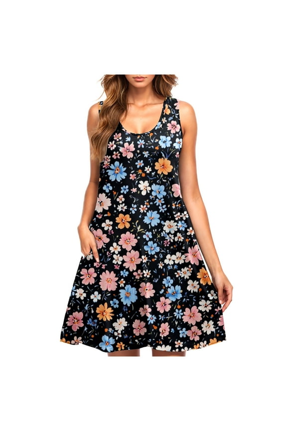 Women Summer Casual Sleeveless Midi Dress Floral Print Pleated Tank Dresses Crewneck Loose Fit Boho Sundress Flare Tank Dress with Pockets Mystery Box for Women Multicolor,XXL