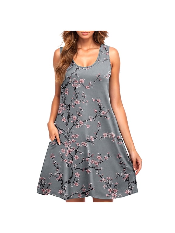 Women Summer Casual Sleeveless Midi Dress Floral Print Pleated Tank Dresses Crewneck Loose Fit Boho Sundress Flare Tank Dress with Pockets Promo Codes for Today Multicolor,L