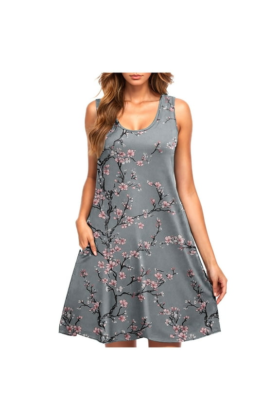 Women Summer Casual Sleeveless Midi Dress Floral Print Pleated Tank Dresses Crewneck Loose Fit Boho Sundress Flare Tank Dress with Pockets Promo Codes for Today Multicolor,L