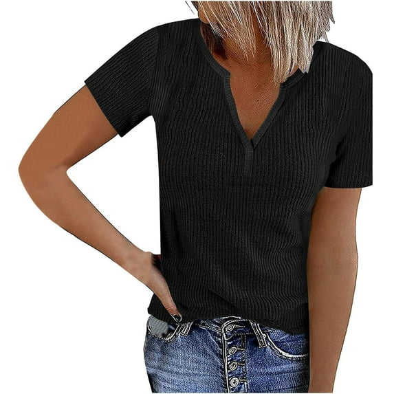 UPPADA Women Summer Ribbed Shirts Tops - Short Sleeve Ribbed Tops Women Basic Knit Shirts Button V Neck Casual Summer Tshirt