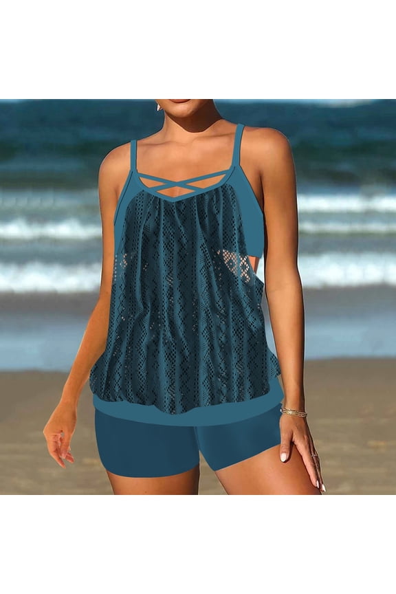 Women Tankini Swimsuits Set Two Piece Tummy Control Bathing Suit Racerback Flowy Swimwear Swim Dress with Bra Skirted Bathing Suit Modest Swimwear with Shorts Clearance Blue,XXL