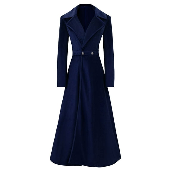 UPPADA Women Trendy Swing Single Breasted Pea Coat Slim Notch Lapel Long Vintage Winter Long Overcoat Trench Coat Dress Windbreaker Jacket Navy,XL