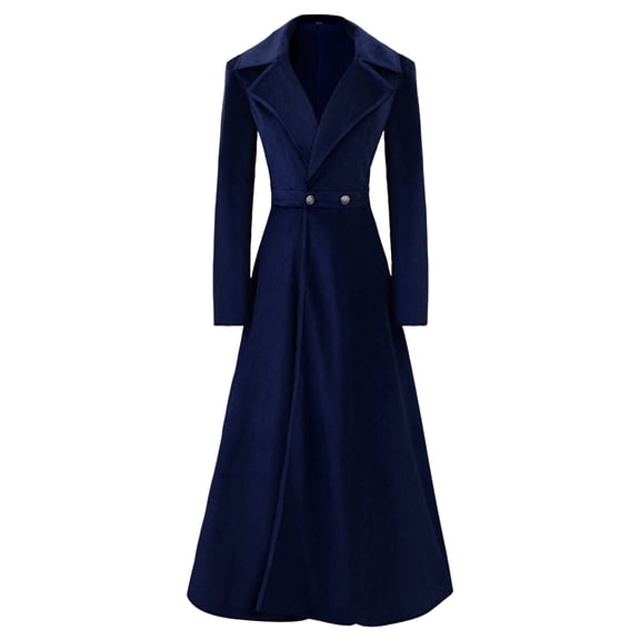 UPPADA Women Trendy Swing Single Breasted Pea Coat Slim Notch Lapel Long Vintage Winter Long Overcoat Trench Coat Dress Windbreaker Jacket Navy,XL