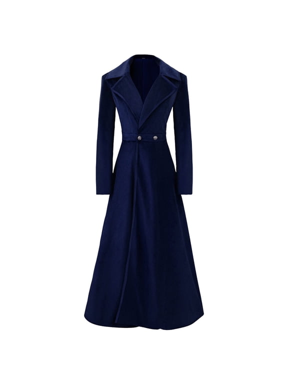 Women Trendy Swing Single Breasted Pea Coat Slim Notch Lapel Long Vintage Winter Long Overcoat Trench Coat Dress Windbreaker Jacket Navy,XL