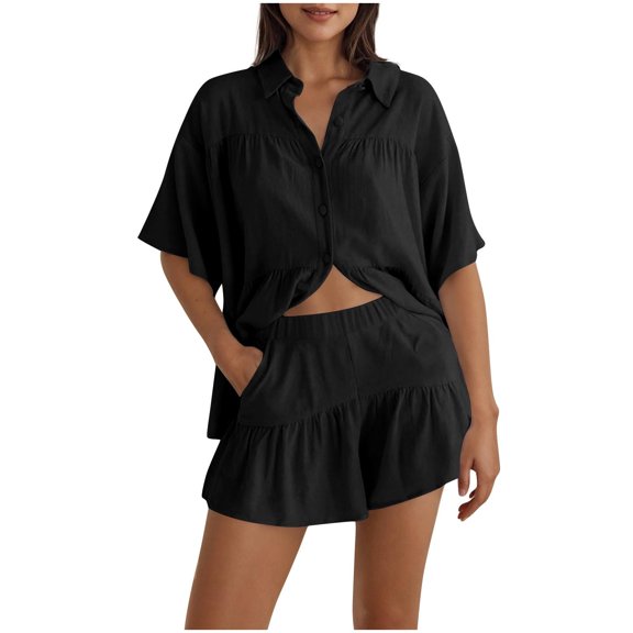 UPPADA Women Two Piece Outfits Sets Summer Dressy Casual Matching Set Beach Vacation Clothing Set 2 Piece Outfits Matching Lounge Sets Black,L
