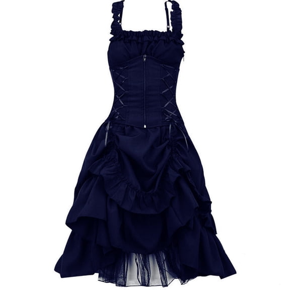UPPADA Women Victoria Gothic Dress Halloween Costumes Trim Lace-Up Ruffled Mesh Dress Ruched High Low Midi Dress Spaghetti Strap Steampunk Dress Blue,M