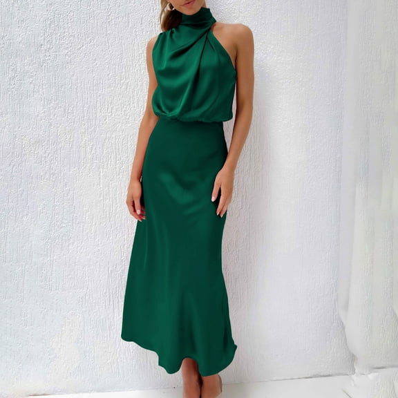 UPPADA Women's 2025 Summer Satin Dress Elegant Sleeveless Mock Neck Cocktail Party Maxi Dresses formal Dress for Wedding Guest Cocktail Party Green,XL