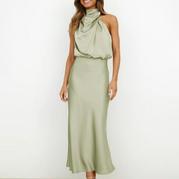 UPPADA Women's 2025 Summer Satin Dress Elegant Sleeveless Mock Neck Cocktail Party Maxi Dresses formal Dress for Wedding Guest Cocktail Party Light Blue,L