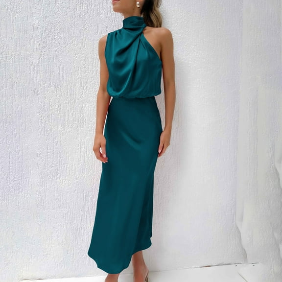 UPPADA Women's 2025 Summer Satin Dress Elegant Sleeveless Mock Neck Cocktail Party Maxi Dresses formal Dress for Wedding Guest Cocktail Party Sky Blue,L
