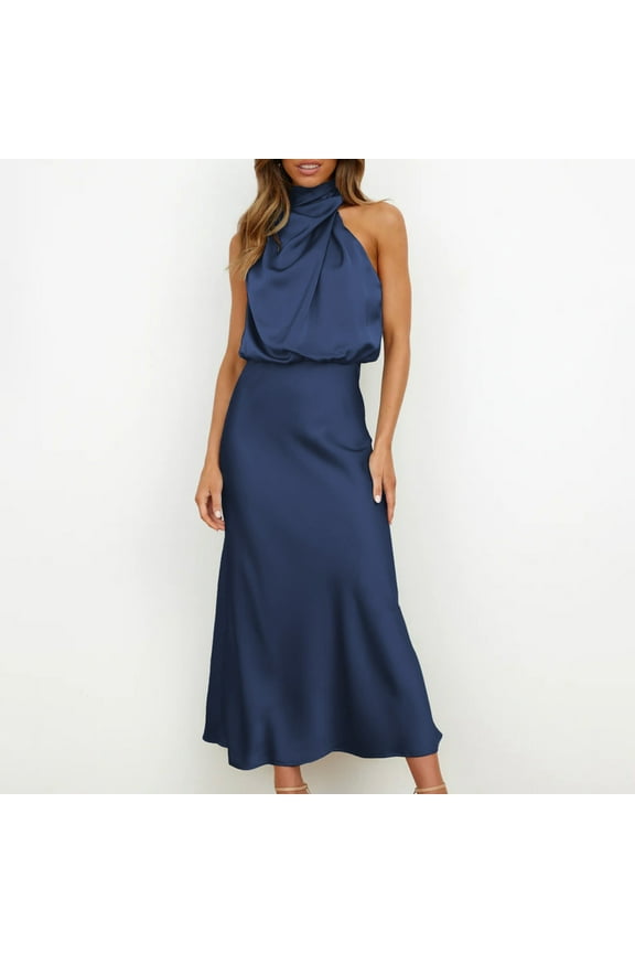 Women's 2025 Summer Satin Dress Elegant Sleeveless Mock Neck Cocktail Party Maxi Dresses formal Dress for Wedding Guest Cocktail Party Blue,XL