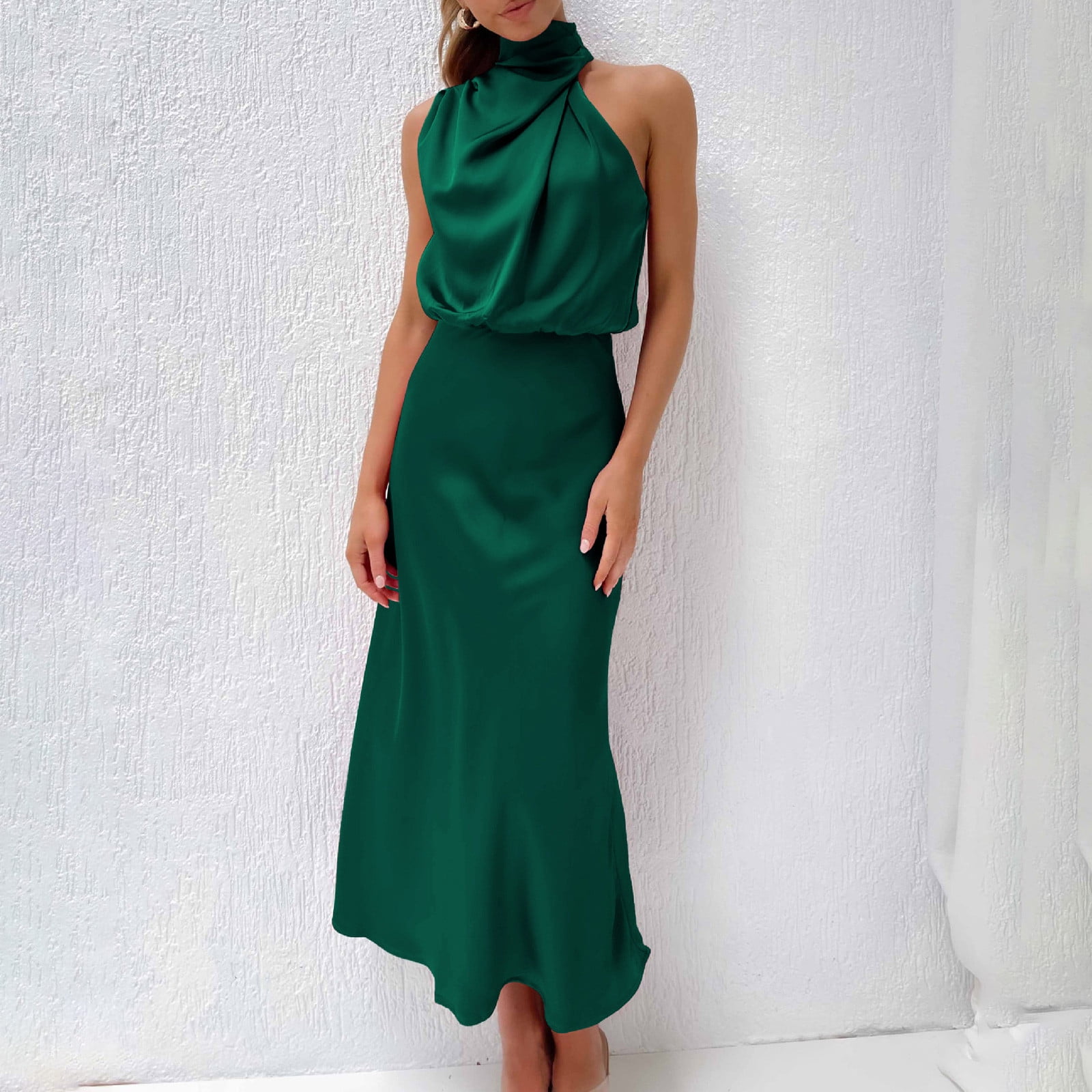UPPADA Women's 2025 Summer Satin Dress Elegant Sleeveless Mock Neck  Cocktail Party Maxi Dresses formal Dress for Wedding Guest Cocktail Party  Green,S - Walmart.com