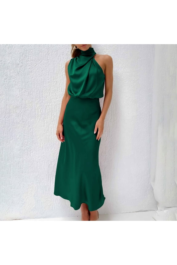 Women's 2025 Summer Satin Dress Elegant Sleeveless Mock Neck Cocktail Party Maxi Dresses formal Dress for Wedding Guest Cocktail Party Green,S
