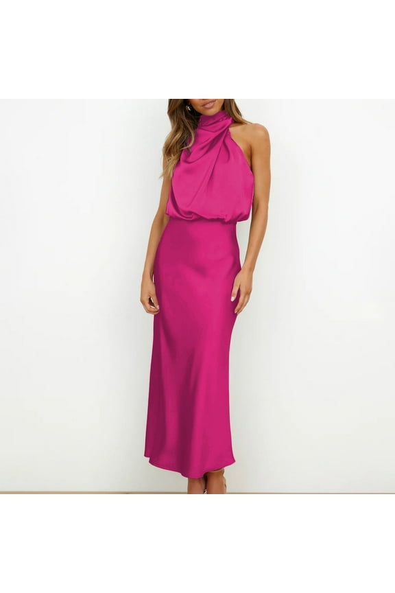 Women's 2025 Summer Satin Dress Elegant Sleeveless Mock Neck Cocktail Party Maxi Dresses formal Dress for Wedding Guest Cocktail Party Pink,L