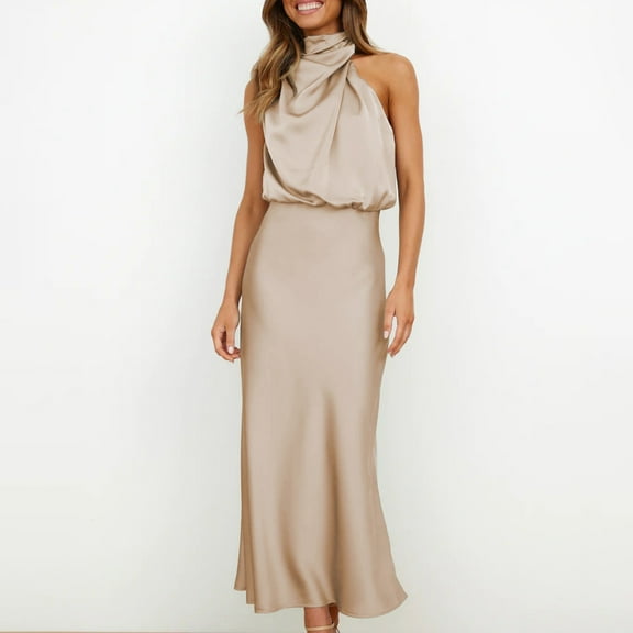 UPPADA Women's 2025 Summer Satin Dress Elegant Sleeveless Mock Neck Cocktail Party Maxi Dresses formal Dress for Wedding Guest Cocktail Party White,L