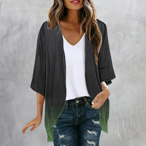 UPPADA Women's 3/4 Sleeve Kimono Cardigan Floral Print Open Back Flowy Chiffon Shirts Loose Dressy Cover up Casual Blouse Tops Army Green,M