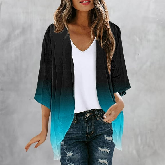 UPPADA Women's 3/4 Sleeve Kimono Cardigan Floral Print Open Back Flowy Chiffon Shirts Loose Dressy Cover up Casual Blouse Tops Blue,S