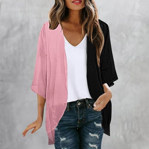 UPPADA Women's 3/4 Sleeve Kimono Cardigan Floral Print Open Back Flowy Chiffon Shirts Loose Dressy Cover up Casual Blouse Tops Pink,XXL