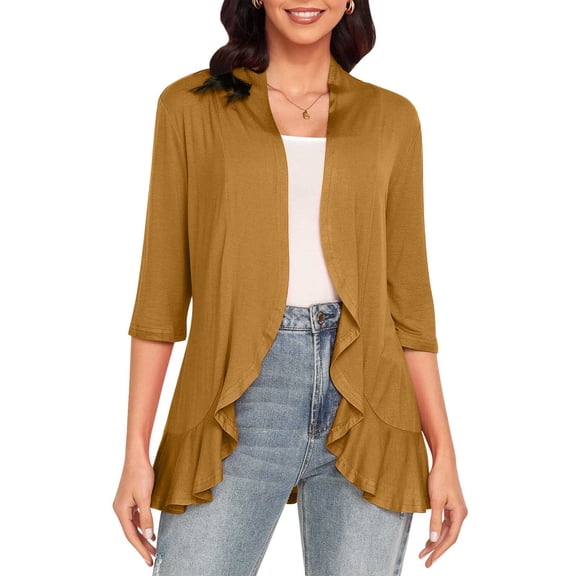 UPPADA Women's Casual Lightweight Open Front Cardigans Flowy Ruffles 3/4 Sleeve Cardigan Soft Comfy Shirts Brown,XXL