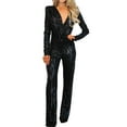 thumbnail image 1 of UPPADA Women's Casual Long Sleeve Clubwear Party Sparkly Jumpsuits Elegant Deep V Neck Wide Leg Pants Rompers Black,L, 1 of 8