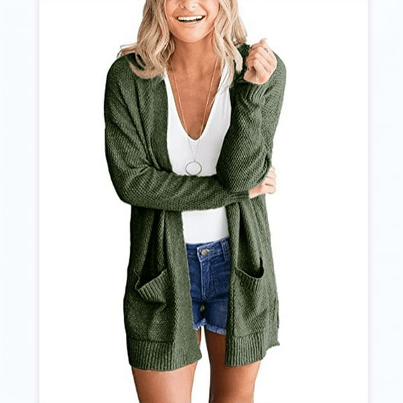UPPADA Women's Casual Long Sleeve Open Front Cable Knit Cardigans Lightweight Solid Color Sweatshirts with Pockets Army Green,L