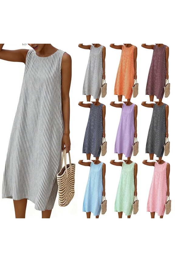 Women's Casual Loose Fit Dress Crew Neck Sleeveless Striped Dresses Summer Boho Beach Sundress Long Lounge Tank Dresses with Pockets Gray,XXL