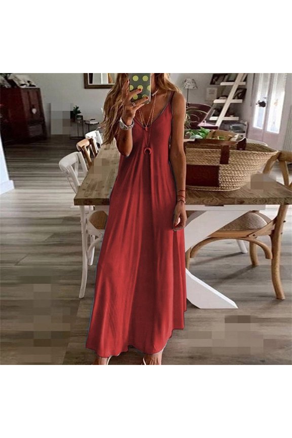 Women's Casual Sleeveless Deep V Neck Dress Beach Waist Flowy Maxi Dresses Summer Floral Tie Front Spaghetti Strap Casual Boho Beach Flowy Sundress with Pockets Red,XL