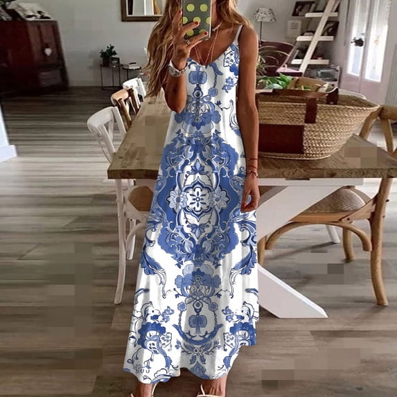 UPPADA Women's Casual Sleeveless Deep V Neck Dress Beach Waist Flowy Maxi Dresses Summer Floral Tie Front Spaghetti Strap Casual Boho Beach Flowy Sundress with Pockets Blue,L
