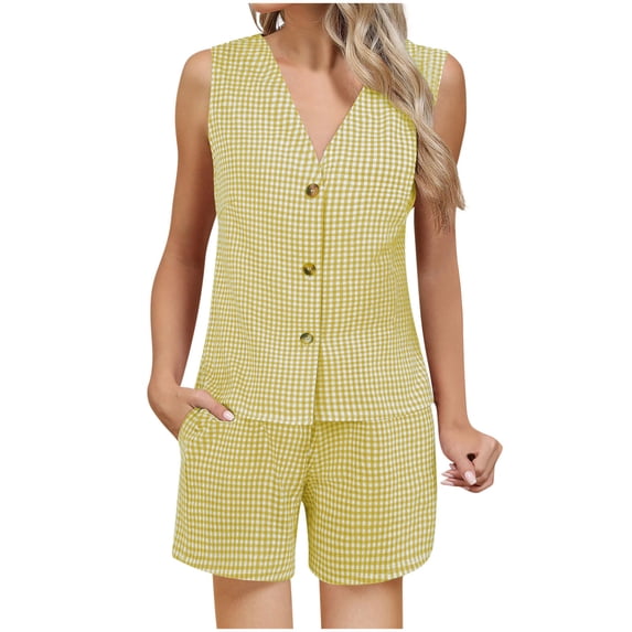 UPPADA Women's Casual Sleeveless Summer Two Piece Outfits V Neck Button Down Shirts Trendy 2 Piece Matching Lounge Set Yellow,L