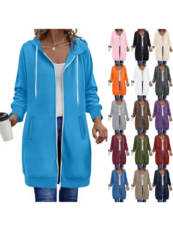 Women's Casual Zip up Hoodies Long Tunic Sweatshirts Drawstring Hooded Sweatshirts Oversized Fall Jackets Fashion Plus Size Hoodie with Pockets Beige,L