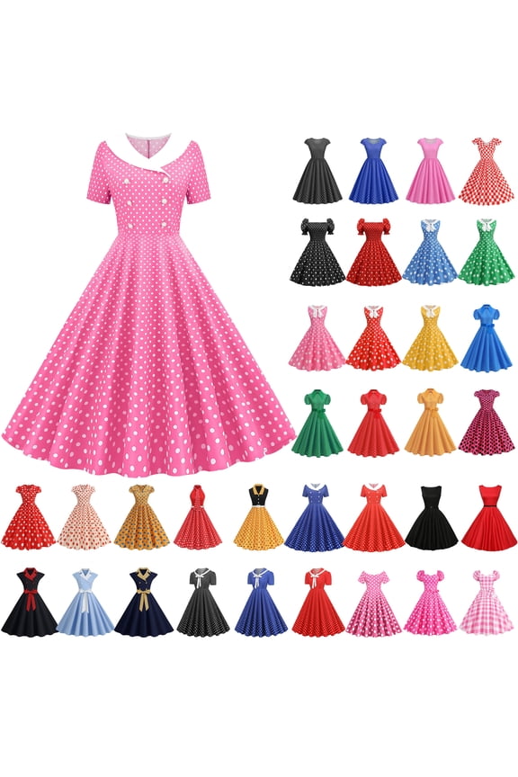Women's Classic Tea Dress Short Sleeve Swing Cocktail Party Dresses 1950s Retro Vintage Polka Dot 1950s Rockabilly Prom Midi Dress