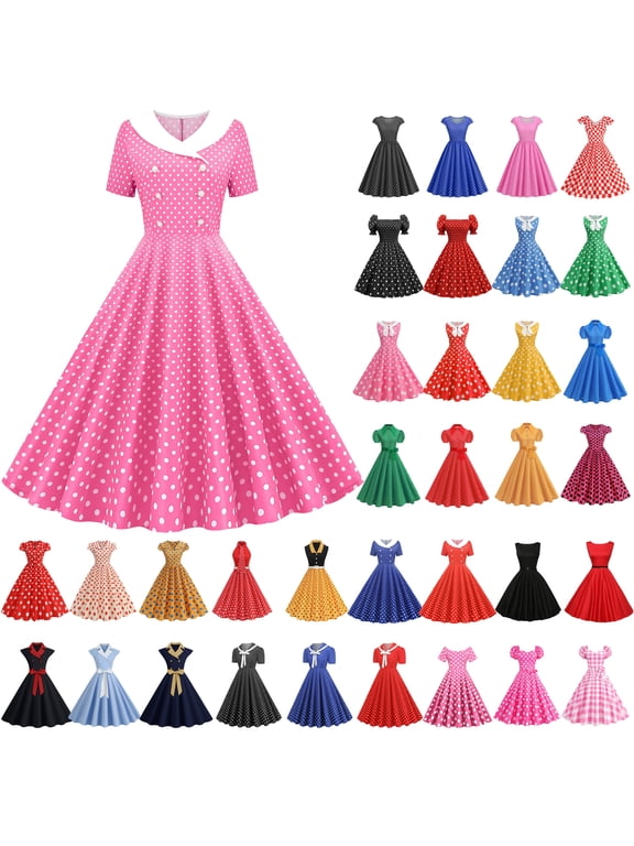 Women's Classic Tea Dress Short Sleeve Swing Cocktail Party Dresses 1950s Retro Vintage Polka Dot 1950s Rockabilly Prom Midi Dress