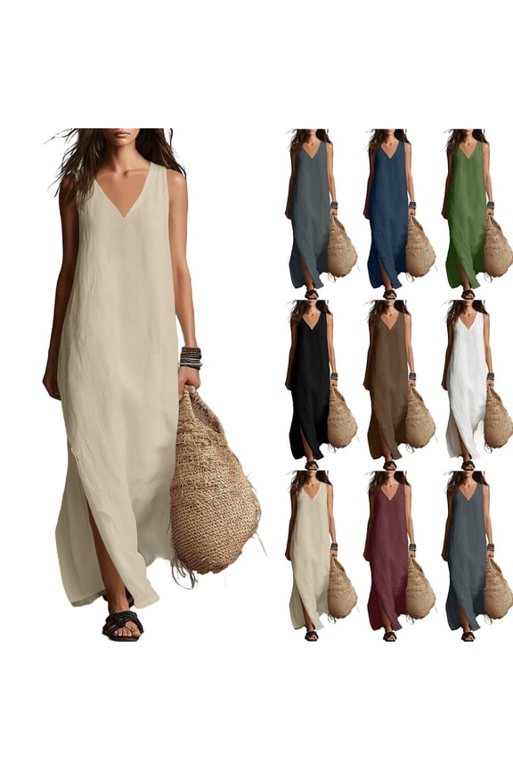 Women's Cotton Linen Casual Dress Summer Sleeveless V Neck Loose Long Maxi Dress Boho Beach Flowy Dresses with Side Slit Army Green,L