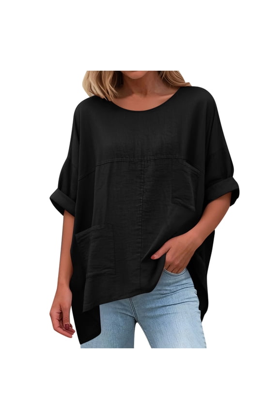 Women's Cotton Linen Short Sleeve Shirts Crewneck Loose Fit Blouses Casual Ruffle Hem Boho Style for Beach Vacation Casual Daily Wear with Pocket Black,L