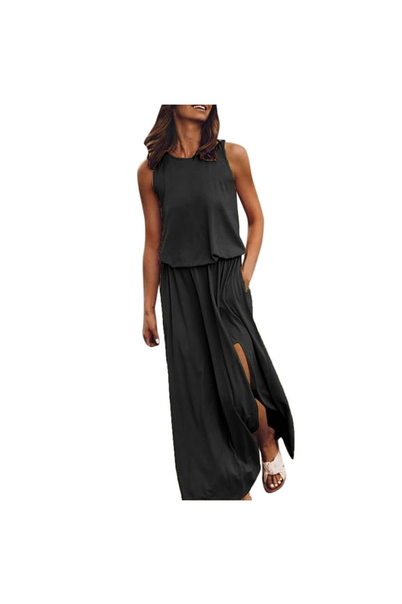 Women's Crewneck Sleeveless Dress Split Flowy Formal Dress Casual Boho Summer Sundress Cocktail Party Prom Long Dresses with Pockets Black,M