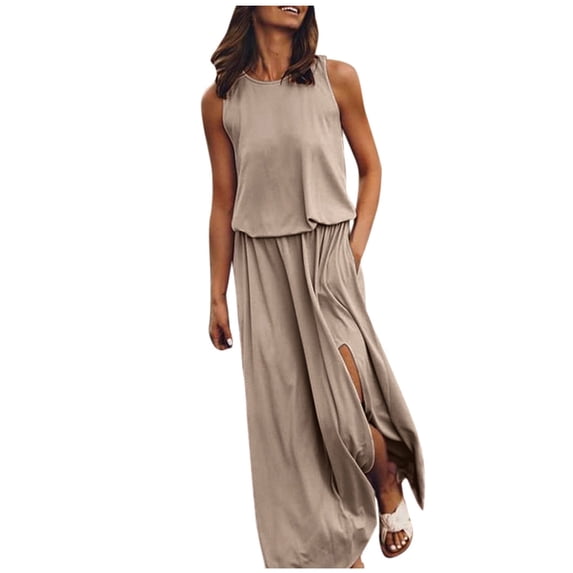 UPPADA Women's Crewneck Sleeveless Dress Split Flowy Formal Dress Casual Boho Summer Sundress Cocktail Party Prom Long Dresses with Pockets Khaki,M