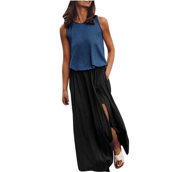 UPPADA Women's Crewneck Sleeveless Dress Split Flowy Formal Dress Casual Boho Summer Sundress Cocktail Party Prom Long Dresses with Pockets Navy,XL