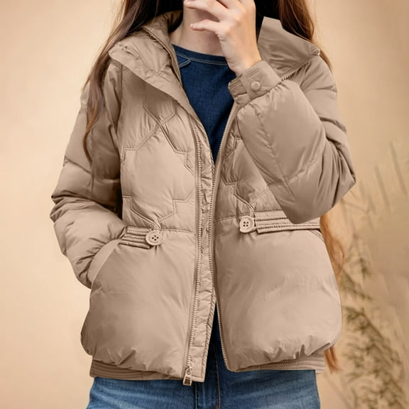 UPPADA Women's Cropped Puffer Jacket Quilted Winter Coat Warm Outerwear Lightweight Zip Up Puffer Jacket with Pockets,Women's Puffer Jacket and Coat Khaki,M