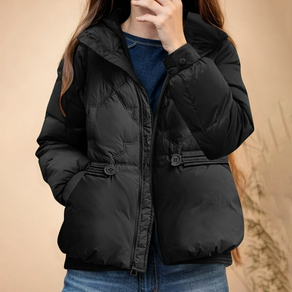 UPPADA Women's Cropped Puffer Jacket Quilted Winter Coat Warm Outerwear Lightweight Zip Up Puffer Jacket with Pockets,Womens Warm Winter Coat Black,M