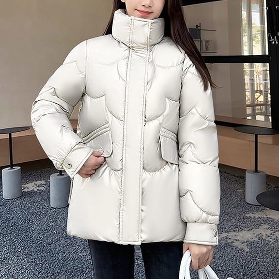 UPPADA Women's Cropped Puffer Jackets Winter Zip Up Padded Warm Quilted Jackets Short Down Coats with Pockets,Jackets Womens White,L