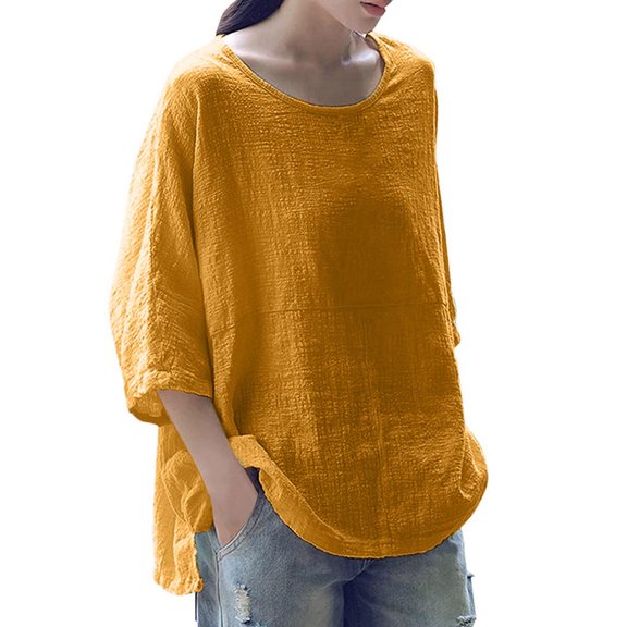 UPPADA Women's Dressy Tops 3/4 Sleeve Fitted Shirts Elbow Crew Neck Solid Color Blouses Plus Size Fall Loose Fit T Shirts Trendy Tunic Tops for Holiday,Yellow