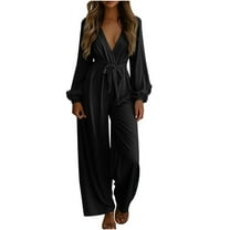 UPPADA Women's Fall Jumpsuits Dressy Casual Pants Romper Spring Long Sleeve V Neck Belt with Pockets Comfy Loose Fit One Piece Outfits Black,L
