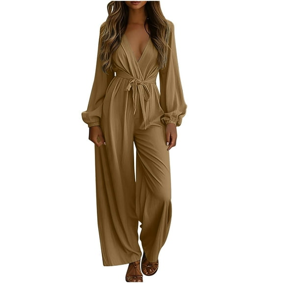 UPPADA Women's Fall Jumpsuits Dressy Casual Pants Romper Spring Long Sleeve V Neck Belt with Pockets Comfy Loose Fit One Piece Outfits Brown,XXL