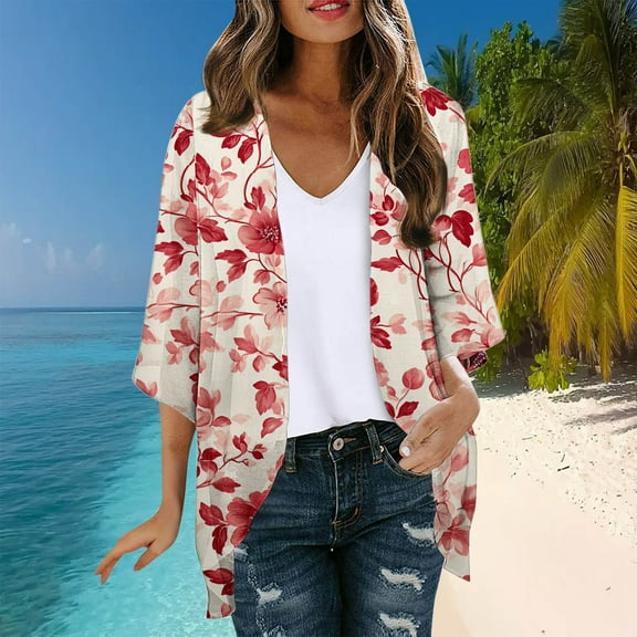 UPPADA Women's Fashionable Floral Print Puff Sleeve Kimono Cardigan Loose Plus Size Chiffon Cover up Casual Lightweight Beach Blouse Tops Watermelon Red,M